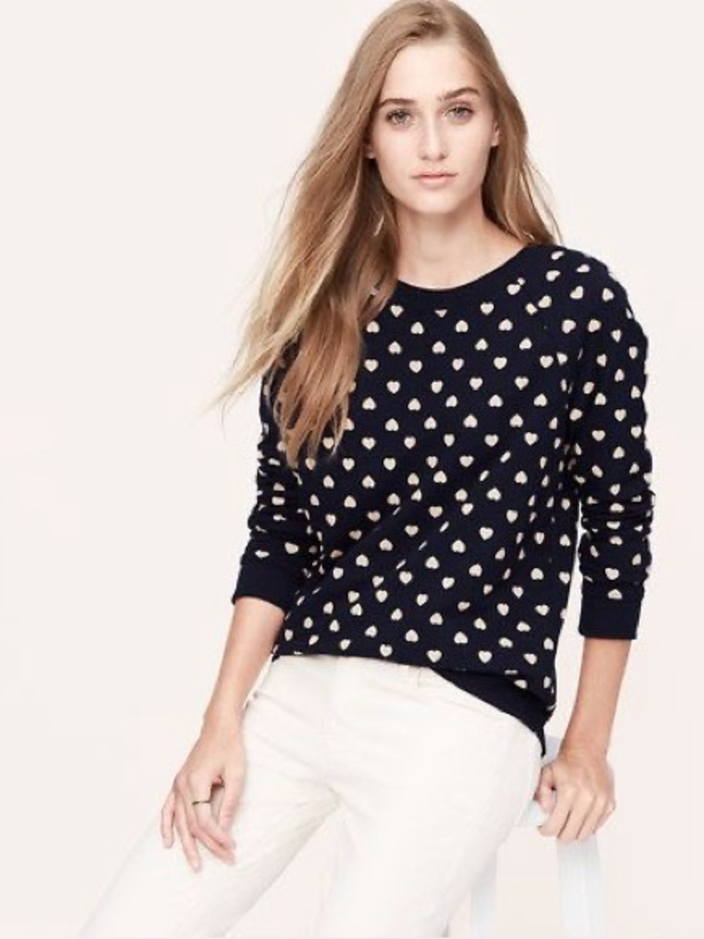 LOFT Navy & Tan 100% Cotton Heart Print Sweater Size Large